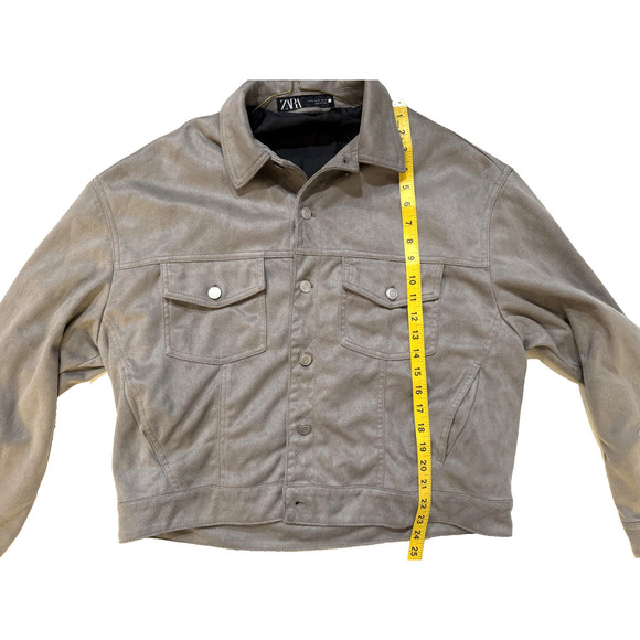 Zara Jacket Mens XL Gray Suede Trucker Snap Button Faux Leather Pockets Lined - Picture 6 of 6